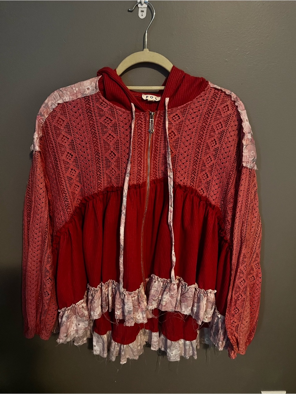 POL Red Hoodie with Pink Lace Accents and Ruffle Hem